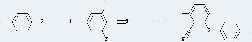 Benzonitrile,2-fluoro-6-[(4-methylphenyl)thio]- can be prepared by 2,6-difluorobenzonitrile with 4-methyl-benzenethiol.